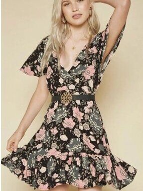 Spell & The Gypsy Winona Mini Dress Coal Floral Lace Pockets Boho - XS